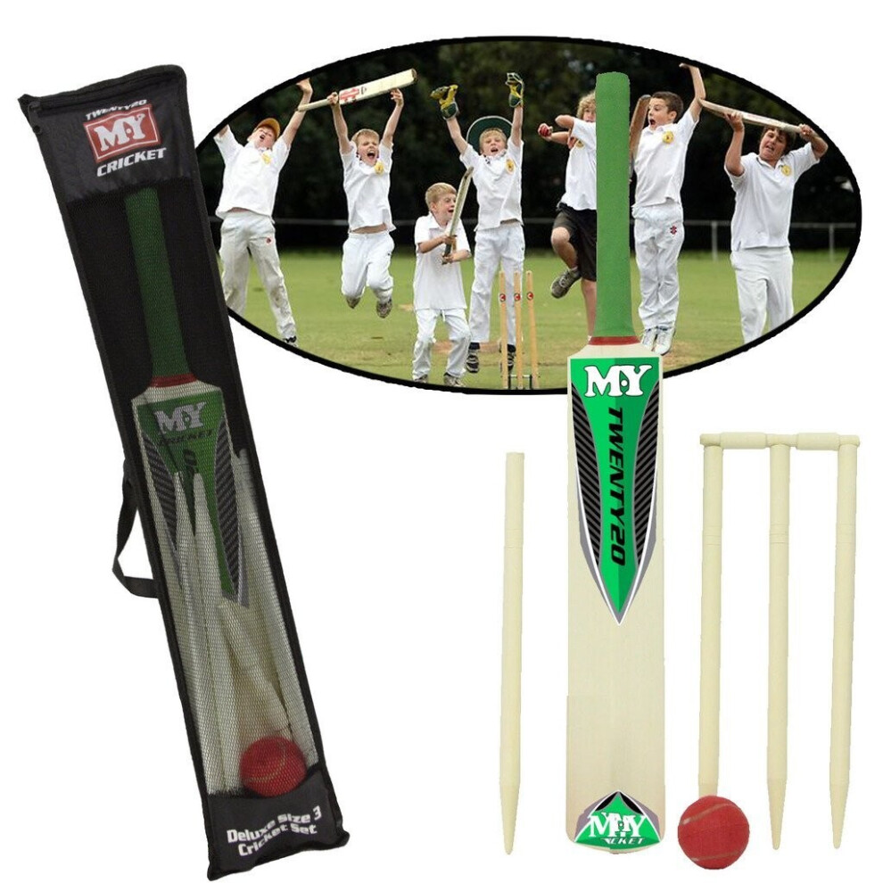 Guaranteed4less Junior Cricket Wooden Set Kids Size 3 Wickets Bat Ball Stumps Outdoor Garden Toy