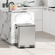 HOMCOM 2 x 20L Dual Kitchen Pedal Bin, Stainless Steel, Deodoriser Holders, Stay-Open Lid, Removable Inner Buckets, 851-033V01SR