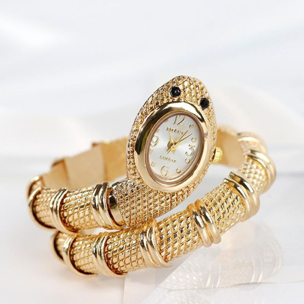 (Gold) Women Quartz Watch Snake Watches Stainless Steel Bracelet Wristwatch Jewelry Gifts Gold