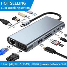 11 in 1 USB-Typ-C-Hub-Adapter mit Gigabit-Ethernet, PD-Typ-C-Laden, 4K-HDMI, VGA, SD-TF-Kartenleser, USB 3.0 und Audio-Mikrofonanschluss