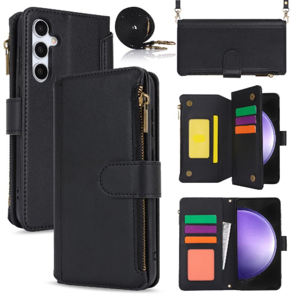 (Black) Flip Case For Samsung Galaxy S23 Fe Wallet Rfid Blocking Shockproof Short And Long Strap Black 764549417490