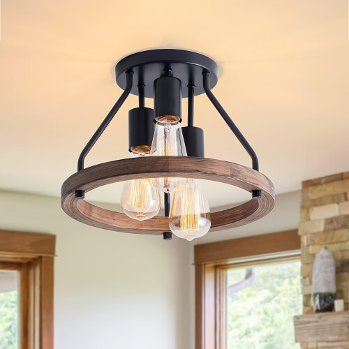 (1pack) Rustic 3-Light Farmhouse Ceiling Light with Wood Grain Finish