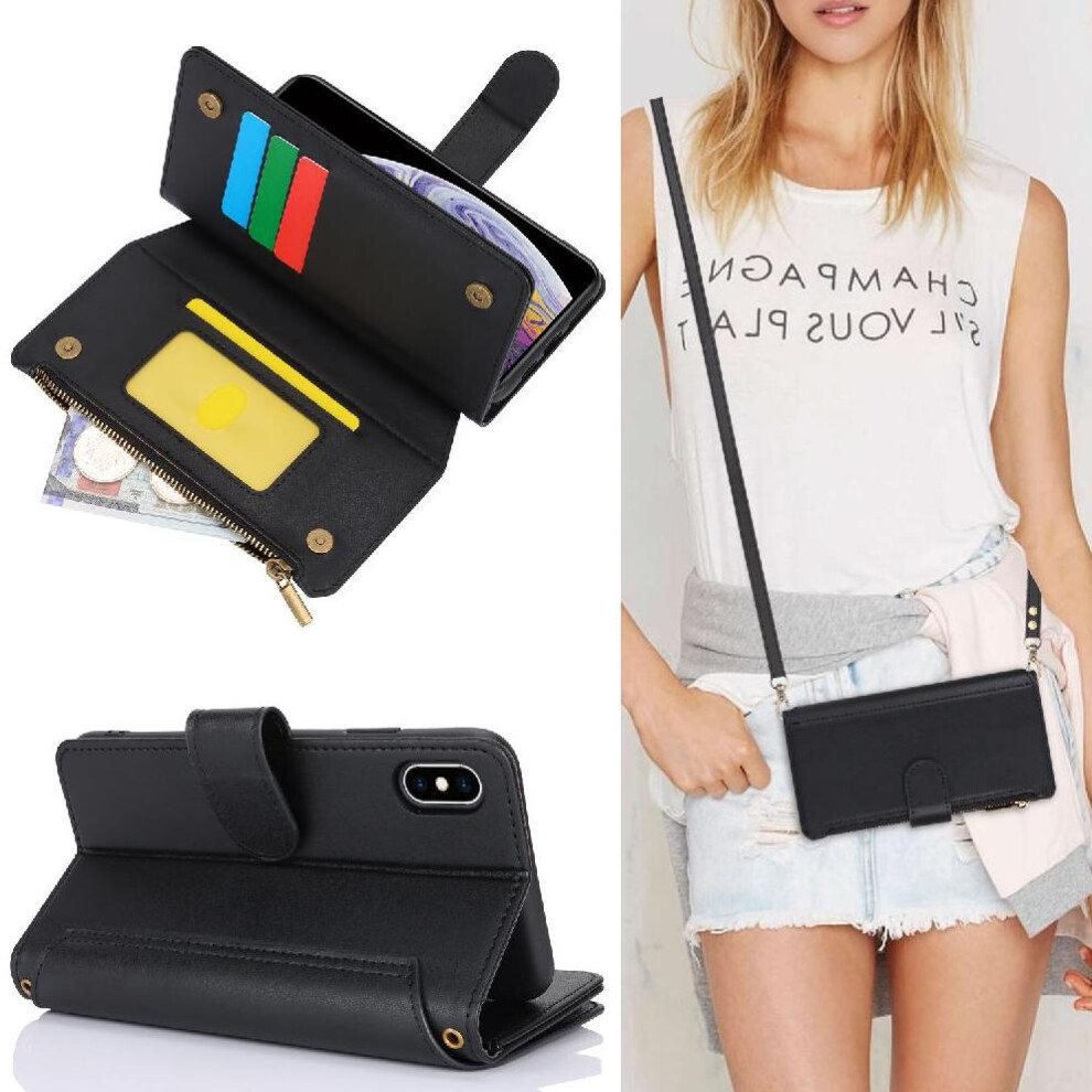 (Black) Flip Case For Iphone Xs Max Rfid Blocking Wallet Shockproof Short And Long Strap Black 764549418244