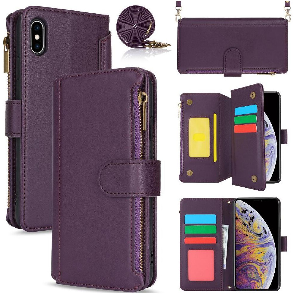 (Purple) Flip Case For Iphone Xs Max Rfid Blocking Wallet Shockproof Short And Long Strap Purple 764549418268