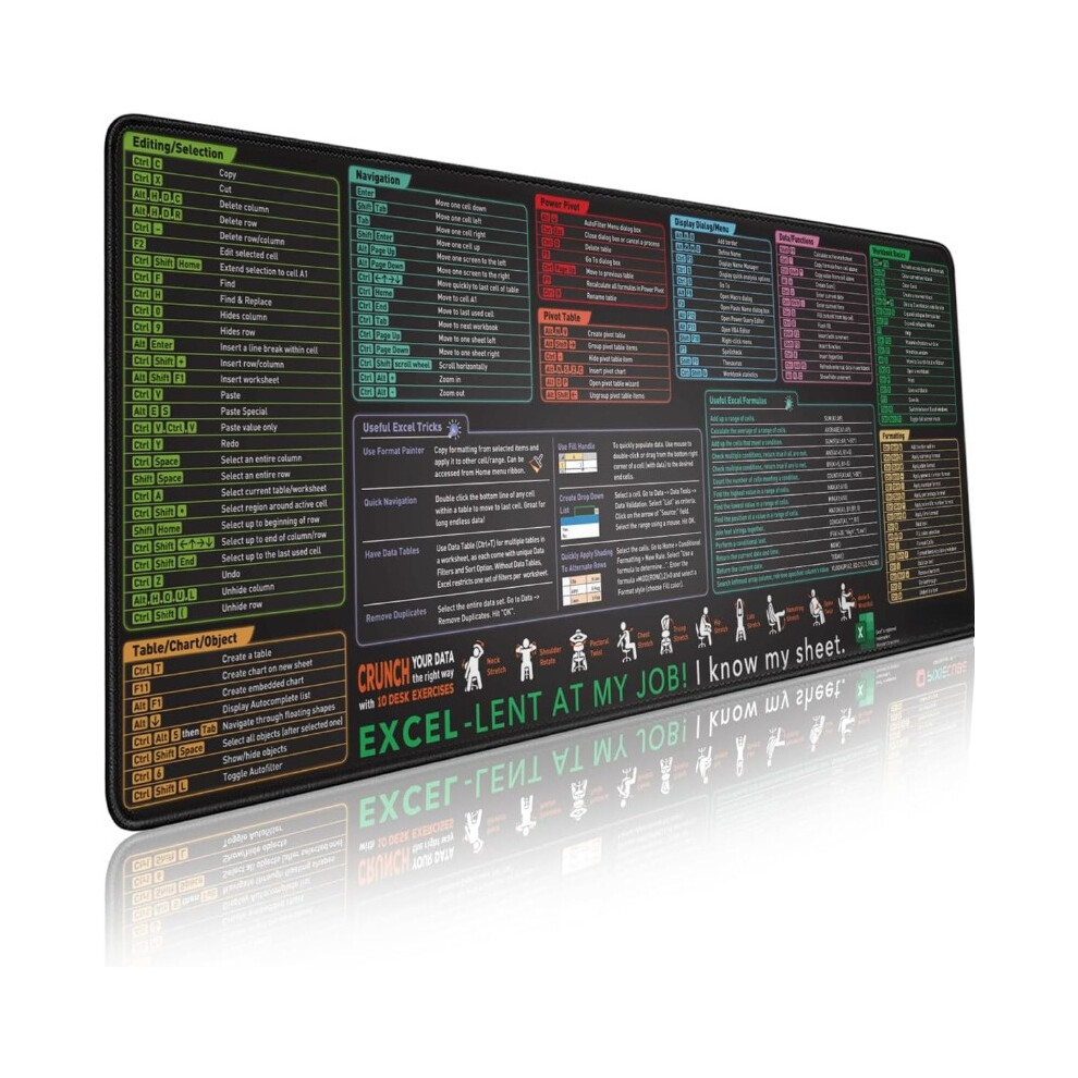 (Excel Shortcuts, XL 80x30cm) XL Excel Shortcut Keys Mouse Pad - Extended Gaming & Office Spreadsheet Mat with Non-Slip Stitched Edges