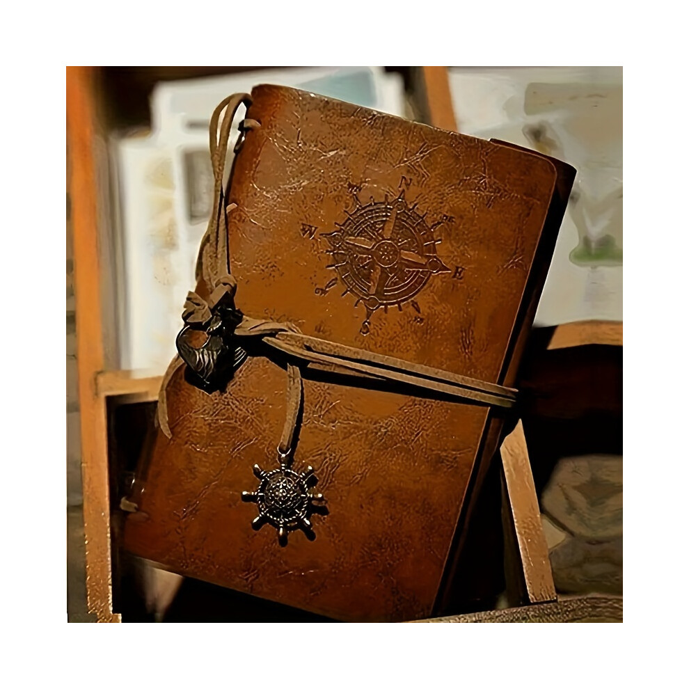 (BROWN) Vintage Pirate-Themed Spiral Ring Binder Journal - Faux Leather Cover with Compass & Steering Wheel Design-image-OPC-PFZT2BK-NEW