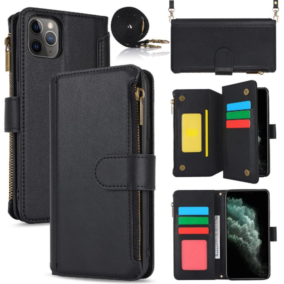 (Black) Flip Case For Iphone 11 Pro Max Shockproof Rfid Blocking Short And Long Strap Wallet Black 764549419142