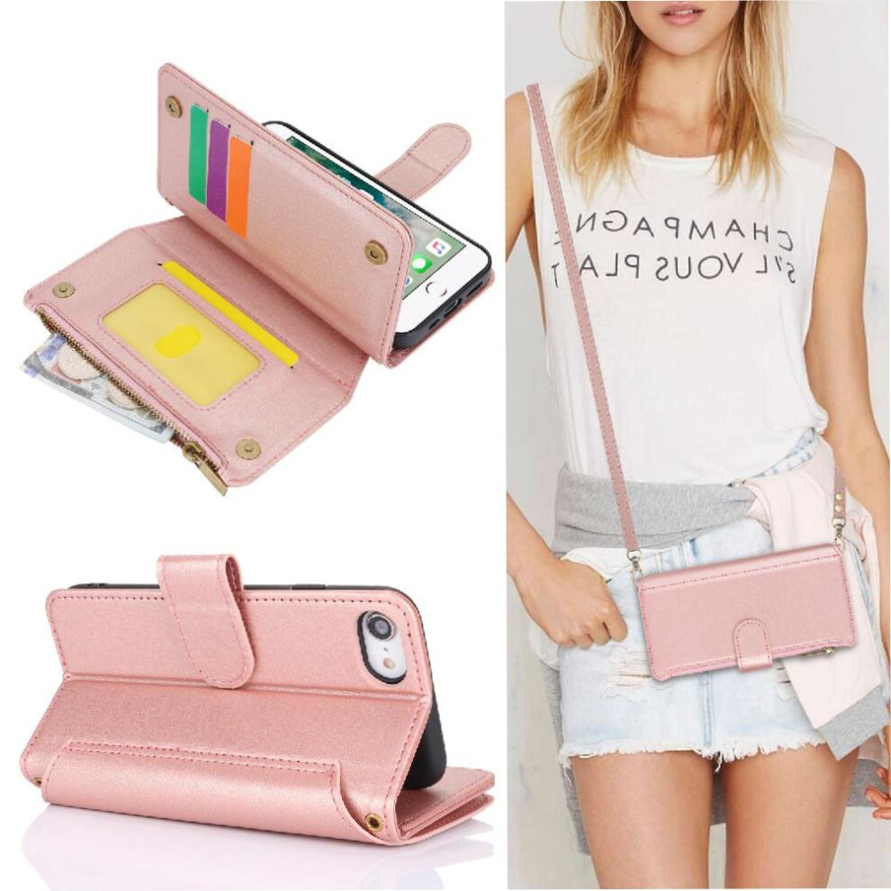 (Rose ) Flip Case For Iphone Se 2020/2022 Rfid Blocking Shockproof Wallet Short And Long Strap Gold 764549419326