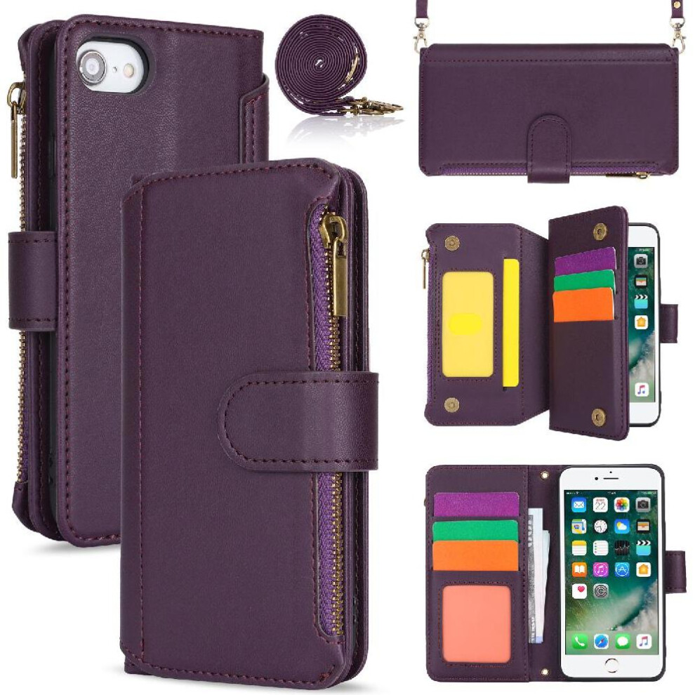 (Purple) Flip Case For Iphone Se 2020/2022 Rfid Blocking Shockproof Wallet Short And Long Strap Purple 764549419319