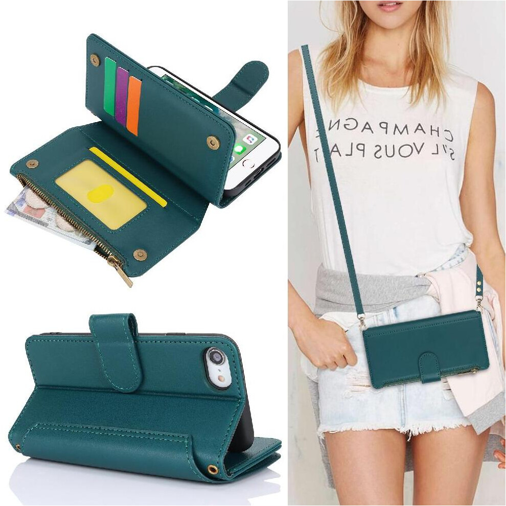 (Green) Flip Case For Iphone Se 2020/2022 Rfid Blocking Shockproof Wallet Short And Long Strap Green 764549419302