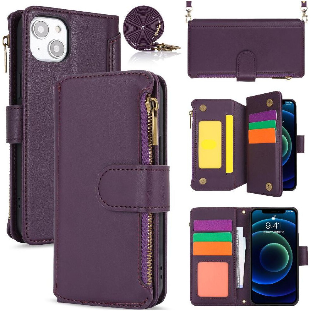 (Purple) Flip Case For Iphone 13 Mini Wallet Shockproof Rfid Blocking Short And Long Strap Purple 764549419517