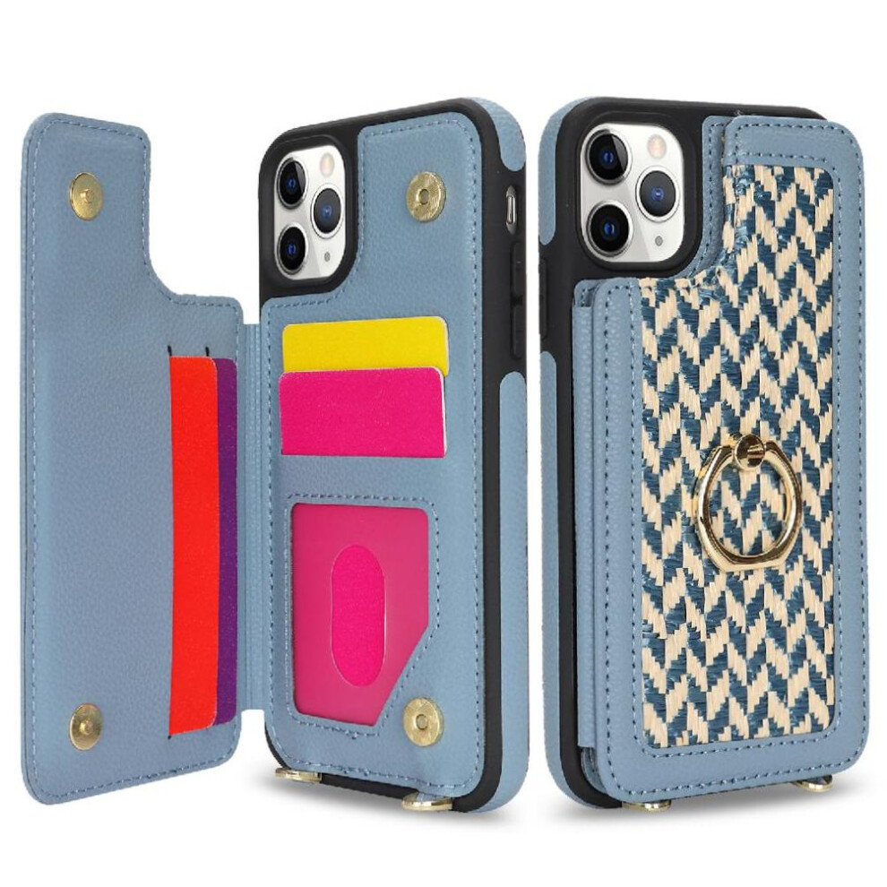 (Blue) Case For Iphone 11 Pro Rfid Blocking Ring Holder Wallet Crossbody Strap Blue 764549420155