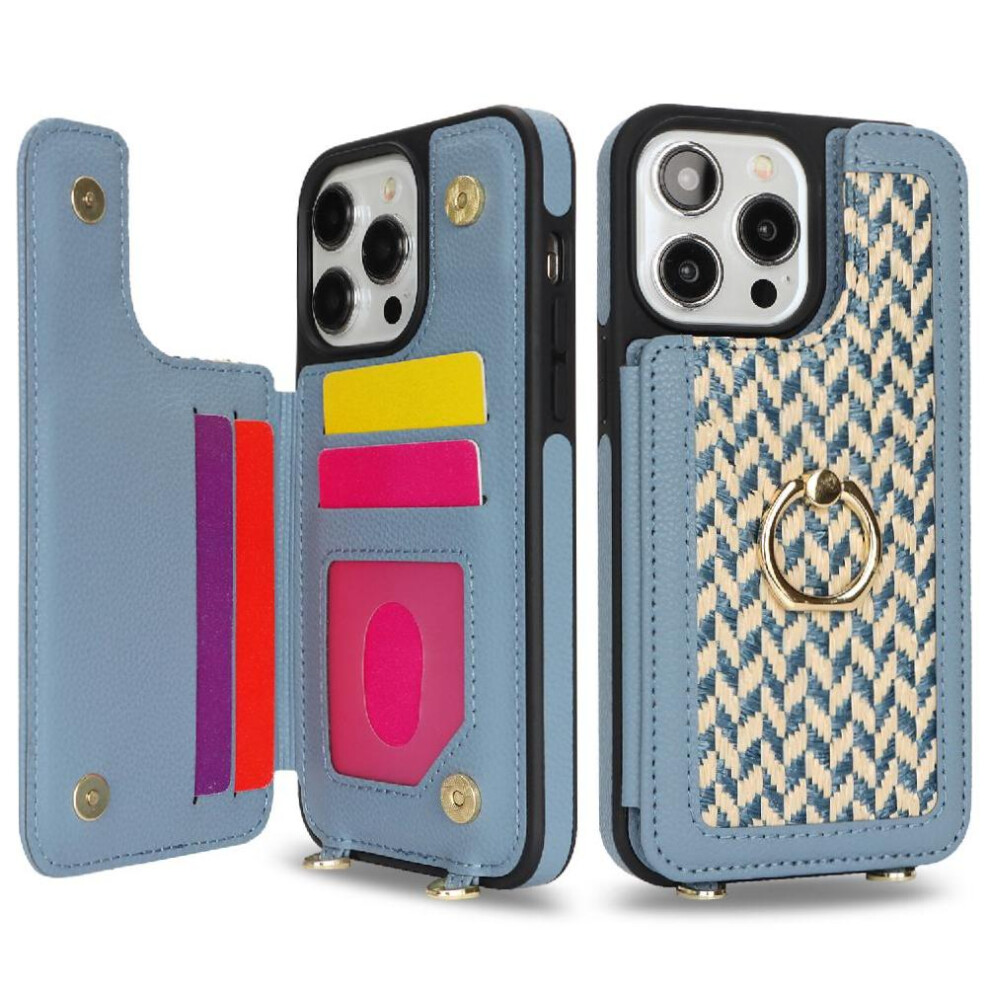 (Blue) Case For Iphone 13 Pro Max Ring Holder Rfid Blocking Crossbody Strap Wallet Blue 764549420476