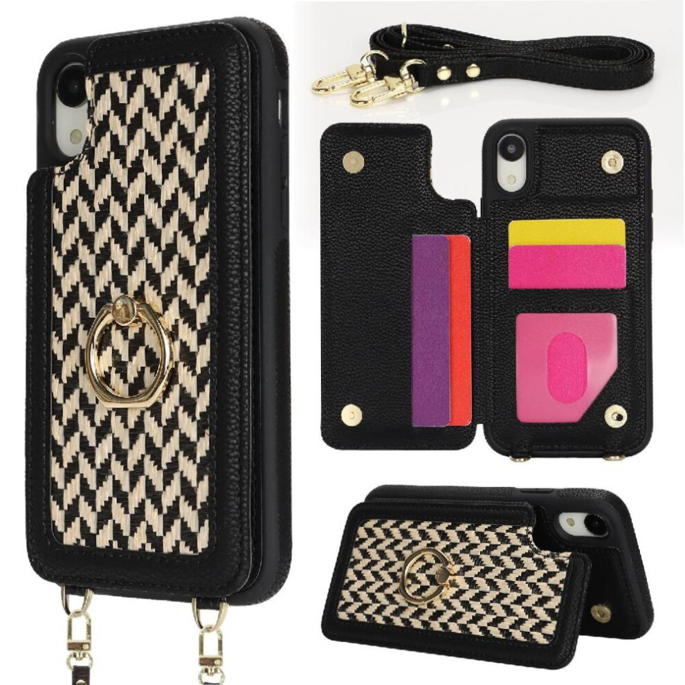 (Black) Case For Iphone Xr Crossbody Strap Rfid Blocking Ring Holder Wallet Black 764549421008