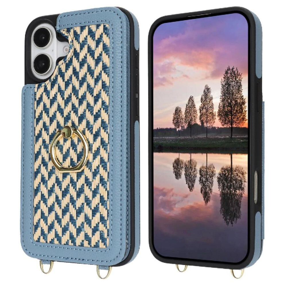 (Blue) Case For Iphone 16 Ring Holder Rfid Blocking Wallet Crossbody Strap Blue 764549420797