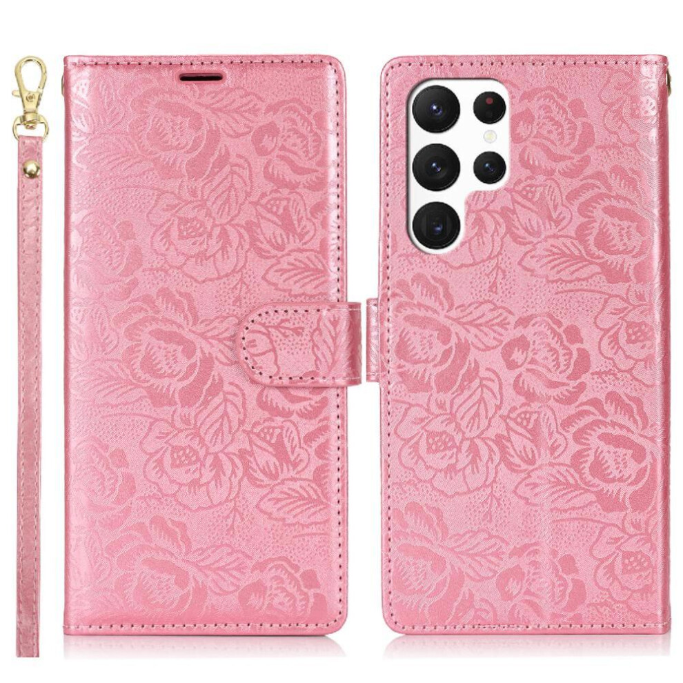 (Pink) Flip Case For Samsung Galaxy S22 Ultra Wallet Wrist Lanyard Magnetic Closure Soft Tpu Pink 764549421404
