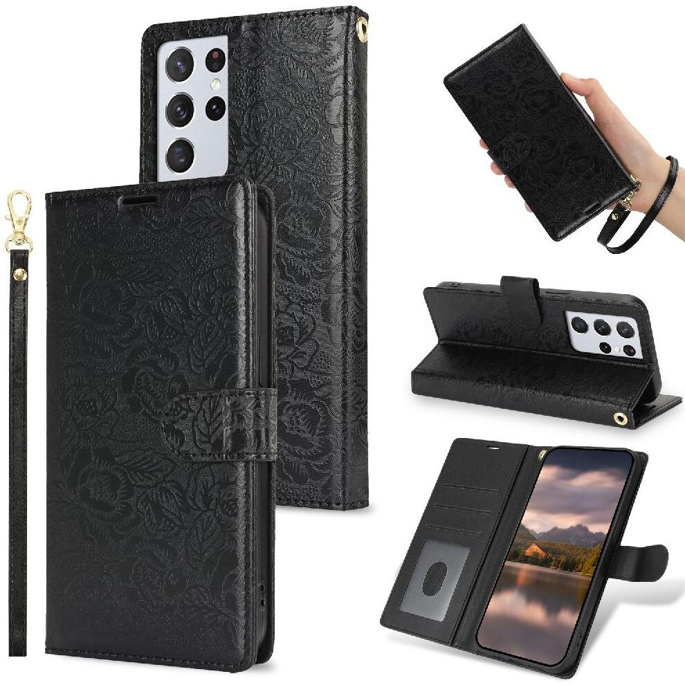 (Black) Flip Case For Samsung Galaxy S21 Ultra Soft Tpu Wallet Wrist Lanyard Magnetic Closure Black 764549421534