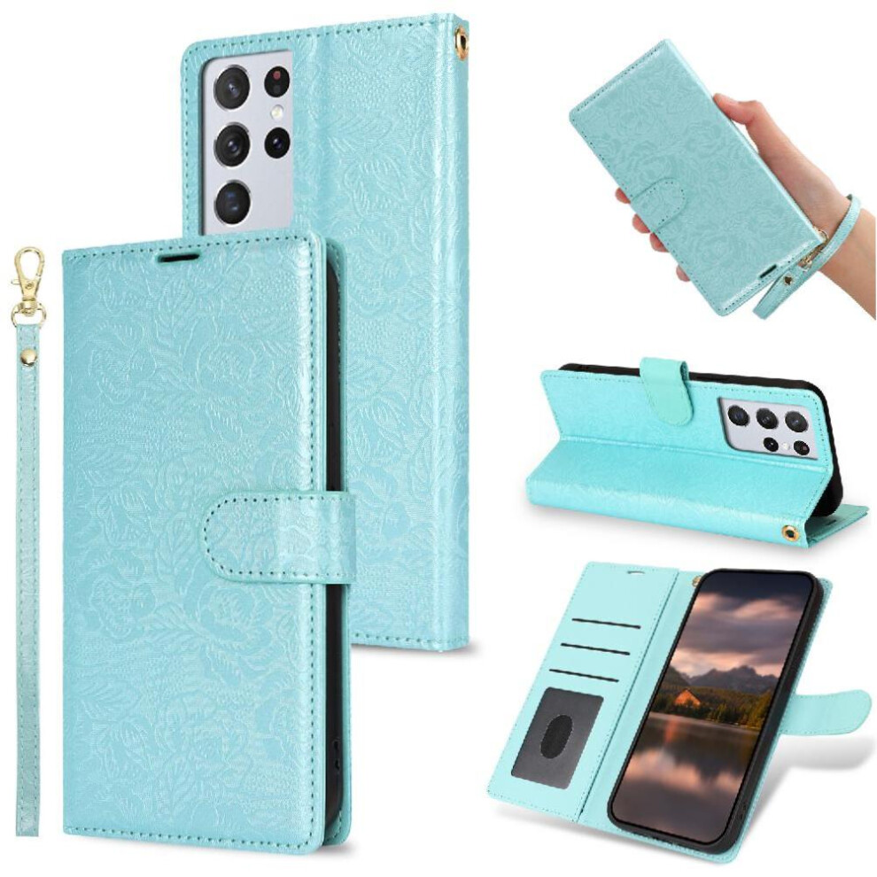 (Blue) Flip Case For Samsung Galaxy S21 Ultra Soft Tpu Wallet Wrist Lanyard Magnetic Closure Blue 764549421565