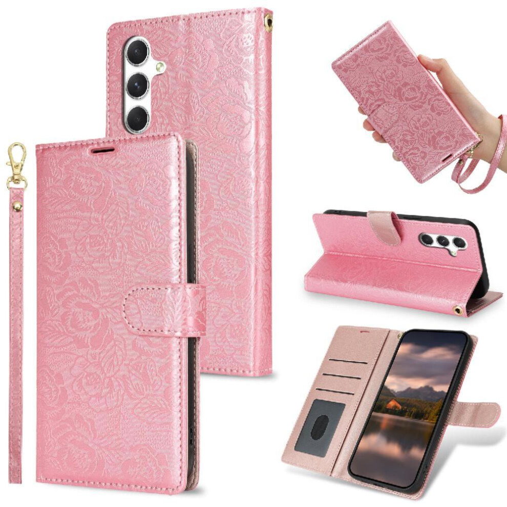 (Pink) Flip Case For Samsung Galaxy S24 Wrist Lanyard Magnetic Closure Soft Tpu Wallet Pink 764549421152
