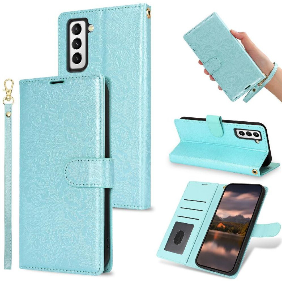 (Blue) Flip Case For Samsung Galaxy S21 Fe Wrist Lanyard Wallet Soft Tpu Magnetic Closure Blue 764549421619
