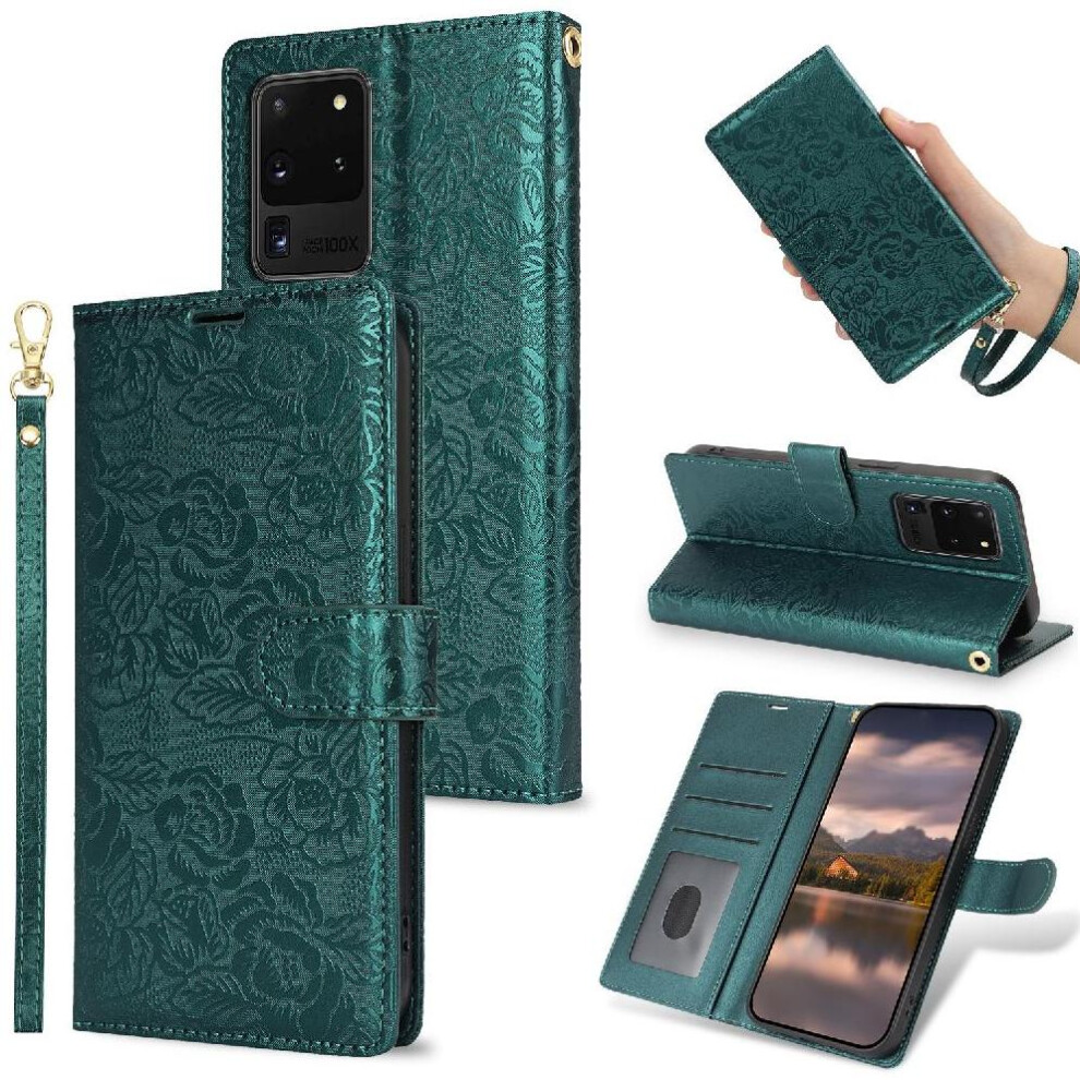 (Green) Flip Case For Samsung Galaxy S20 Ultra Soft Tpu Wallet Wrist Lanyard Magnetic Closure Green 764549421725