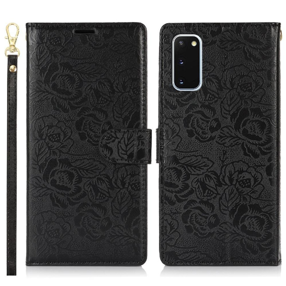 (Black) Flip Case For Samsung Galaxy S20 Soft Tpu Magnetic Closure Wrist Lanyard Wallet Black 764549421886