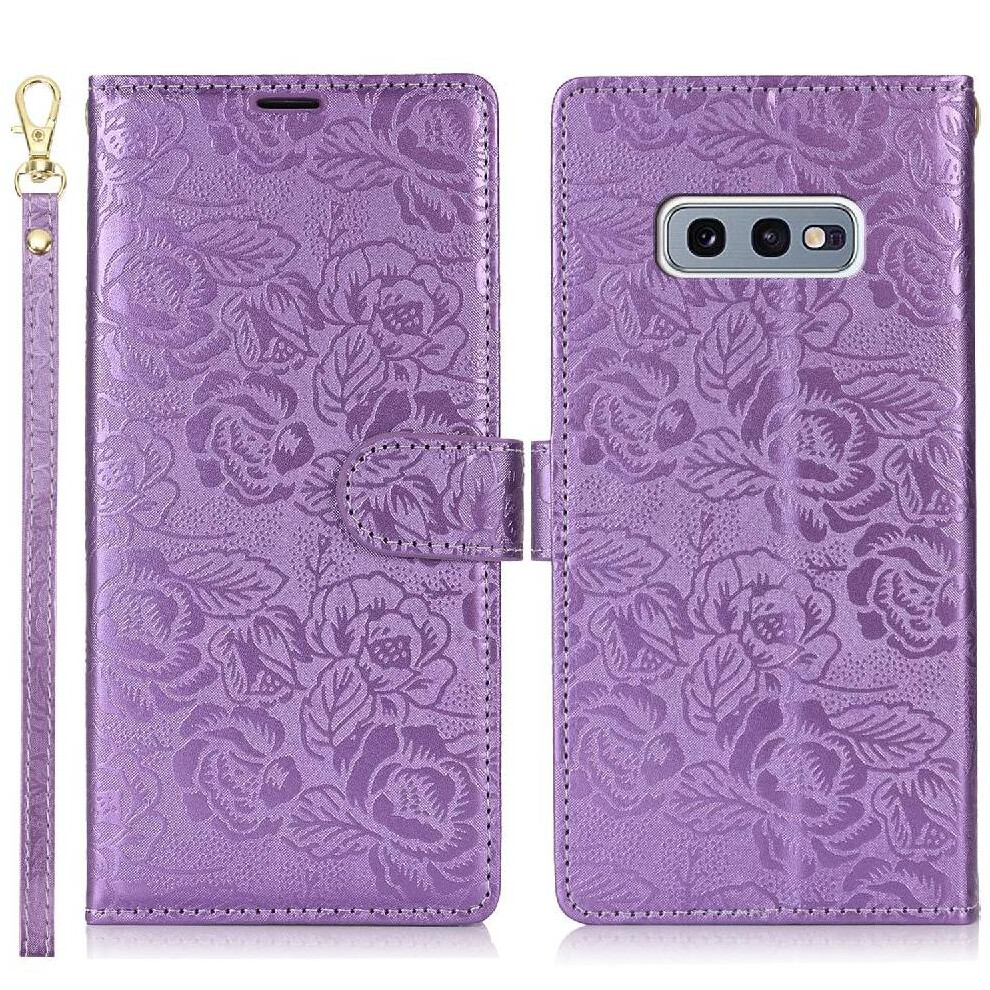 (Purple) Flip Case For Samsung Galaxy S10e Wrist Lanyard Soft Tpu Magnetic Closure Wallet Purple 764549421947
