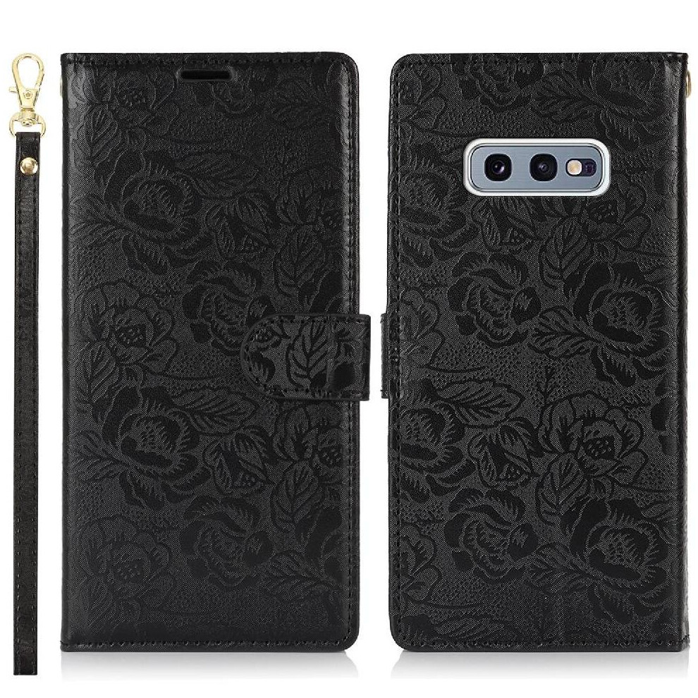 (Black) Flip Case For Samsung Galaxy S10e Wrist Lanyard Soft Tpu Magnetic Closure Wallet Black 764549421930