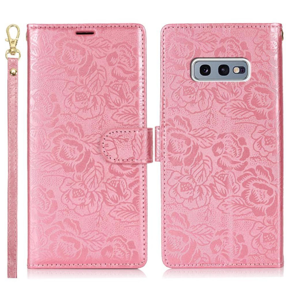 (Pink) Flip Case For Samsung Galaxy S10e Wrist Lanyard Soft Tpu Magnetic Closure Wallet Pink 764549421954