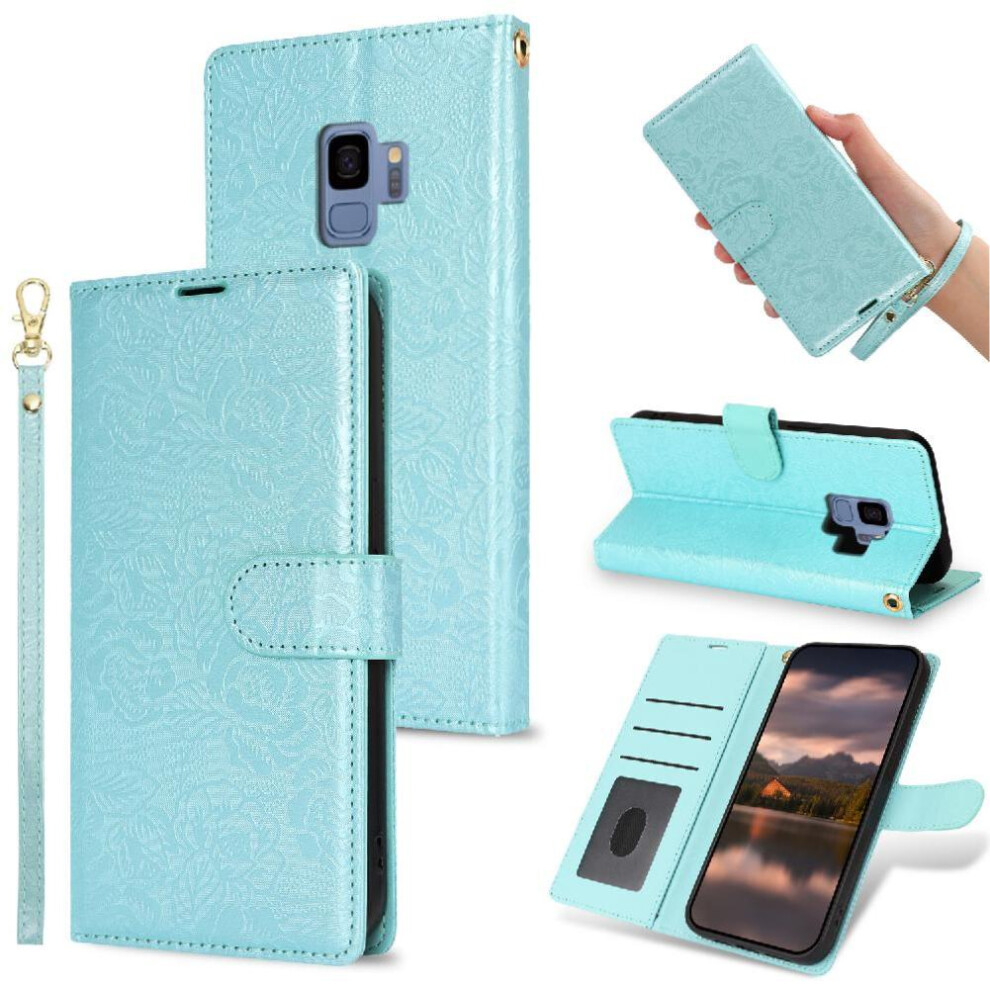 (Blue) Flip Case For Samsung Galaxy S9 Magnetic Closure Soft Tpu Wrist Lanyard Wallet Blue 764549422166
