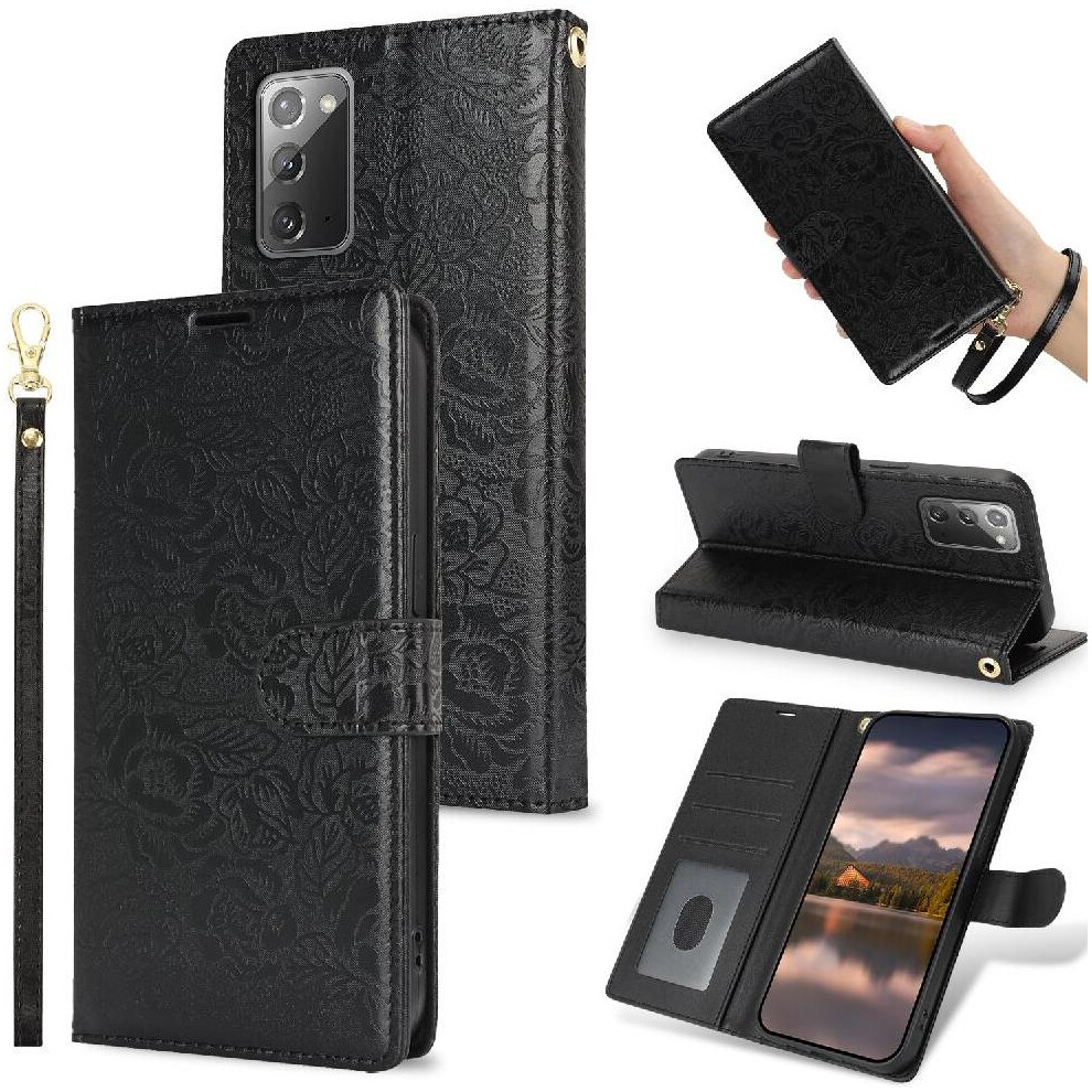 (Black) Flip Case For Samsung Galaxy Note 20 Wrist Lanyard Wallet Magnetic Closure Soft Tpu Black 764549422234