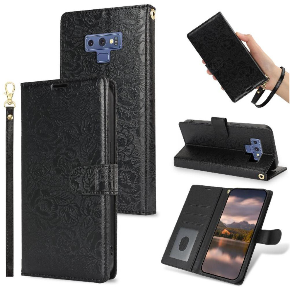 (Black) Flip Case For Samsung Galaxy Note 9 Wallet Soft Tpu Magnetic Closure Wrist Lanyard Black 764549422388