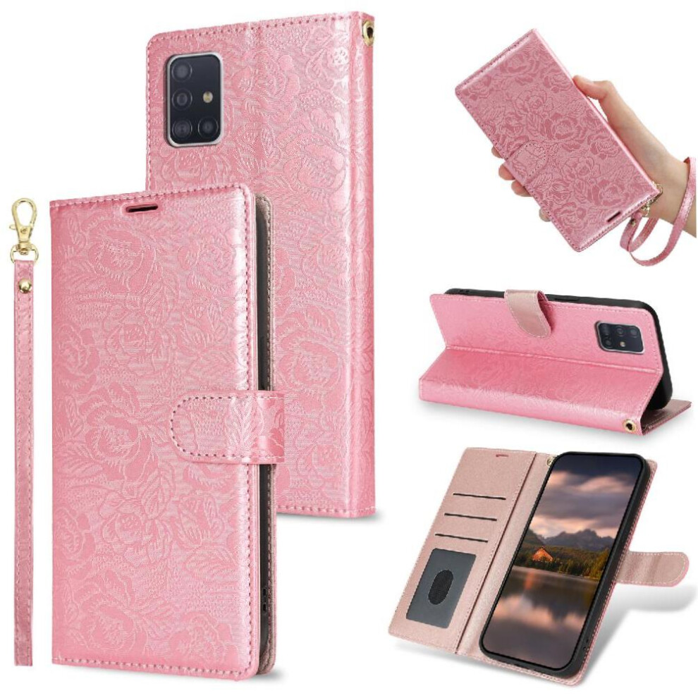 (Pink) Flip Case For Samsung Galaxy A71 5G Magnetic Closure Wrist Lanyard Wallet Soft Tpu Pink 764549422609