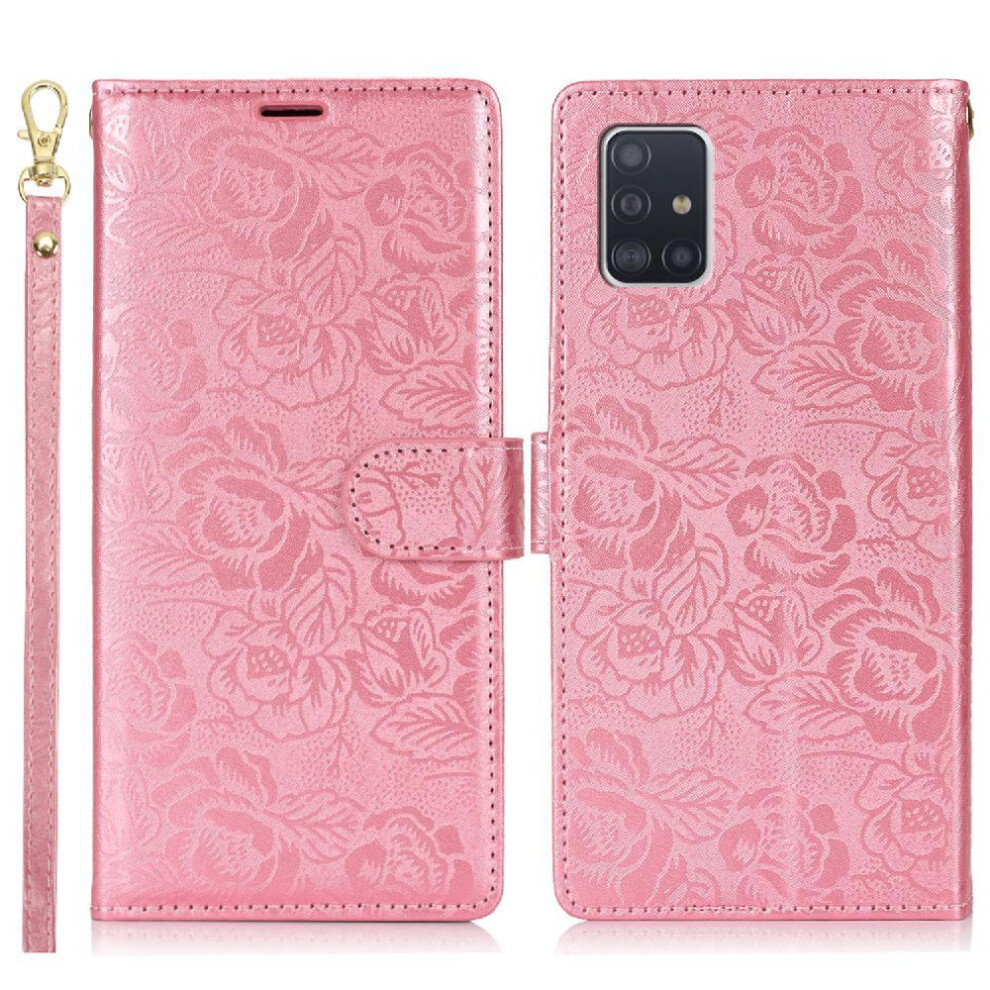 (Pink) Flip Case For Samsung Galaxy A51 4G Soft Tpu Wallet Wrist Lanyard Magnetic Closure Pink 764549422906