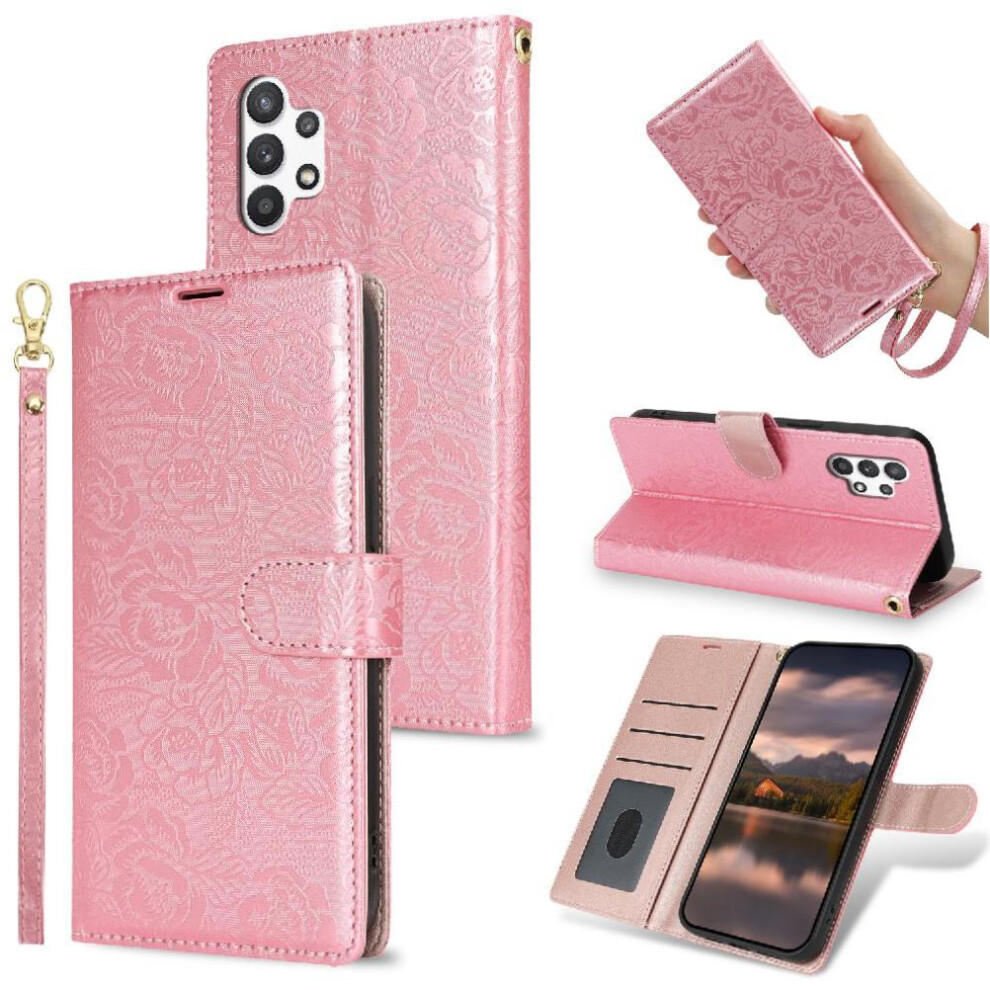 (Pink) Flip Case For Samsung Galaxy A32 5G Magnetic Closure Wrist Lanyard Wallet Soft Tpu Pink 764549423255