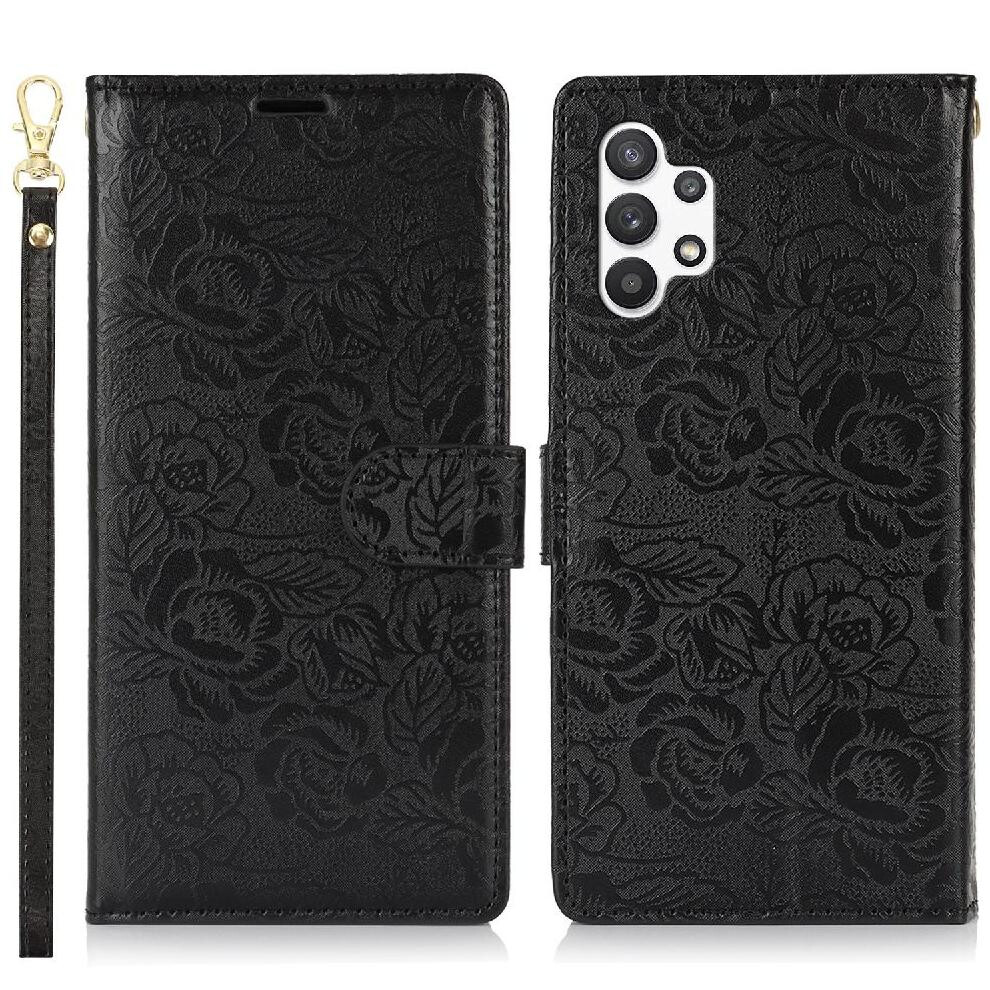 (Black) Flip Case For Samsung Galaxy A32 5G Magnetic Closure Wrist Lanyard Wallet Soft Tpu Black 764549423231