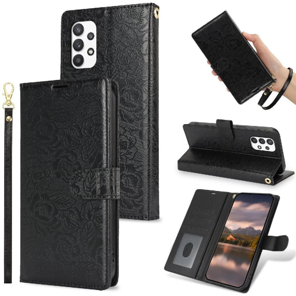 (Black) Flip Case For Samsung Galaxy M13 4G Wallet Magnetic Closure Wrist Lanyard Soft Tpu Black 764549423385