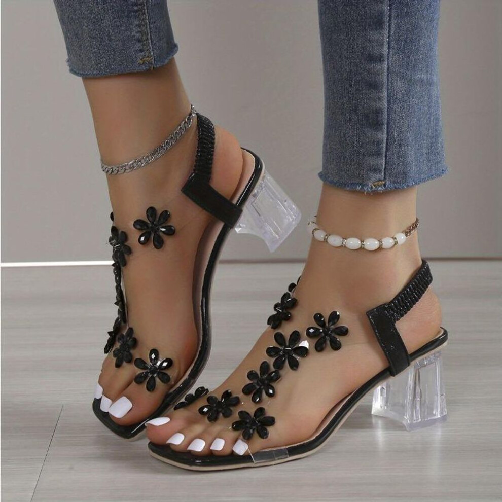 (black, 40) Women&apos;s Flower Rhinestone Block Heel Sandals, Fashion Square Open Toe Elastic Strap Slip On High Heels, Versatile Sandals