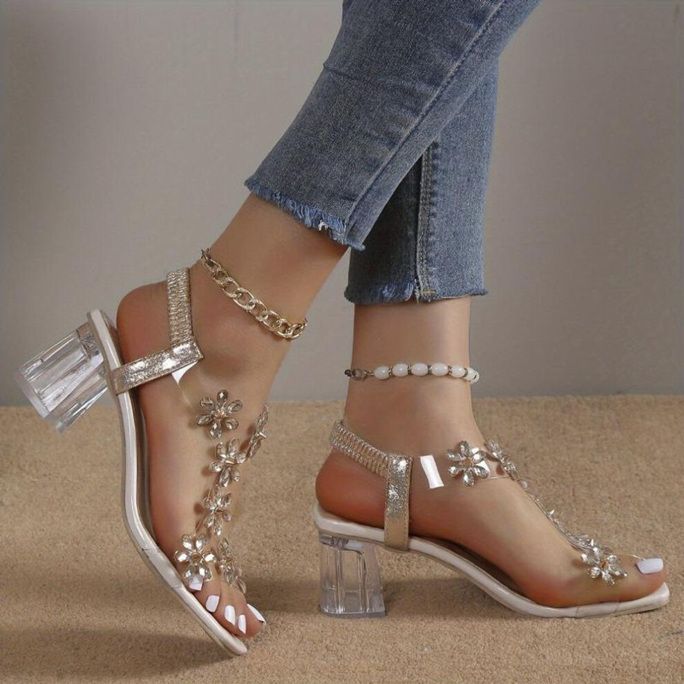 (champagne, 35) Women&apos;s Flower Rhinestone Block Heel Sandals, Fashion Square Open Toe Elastic Strap Slip On High Heels, Versatile Sandals