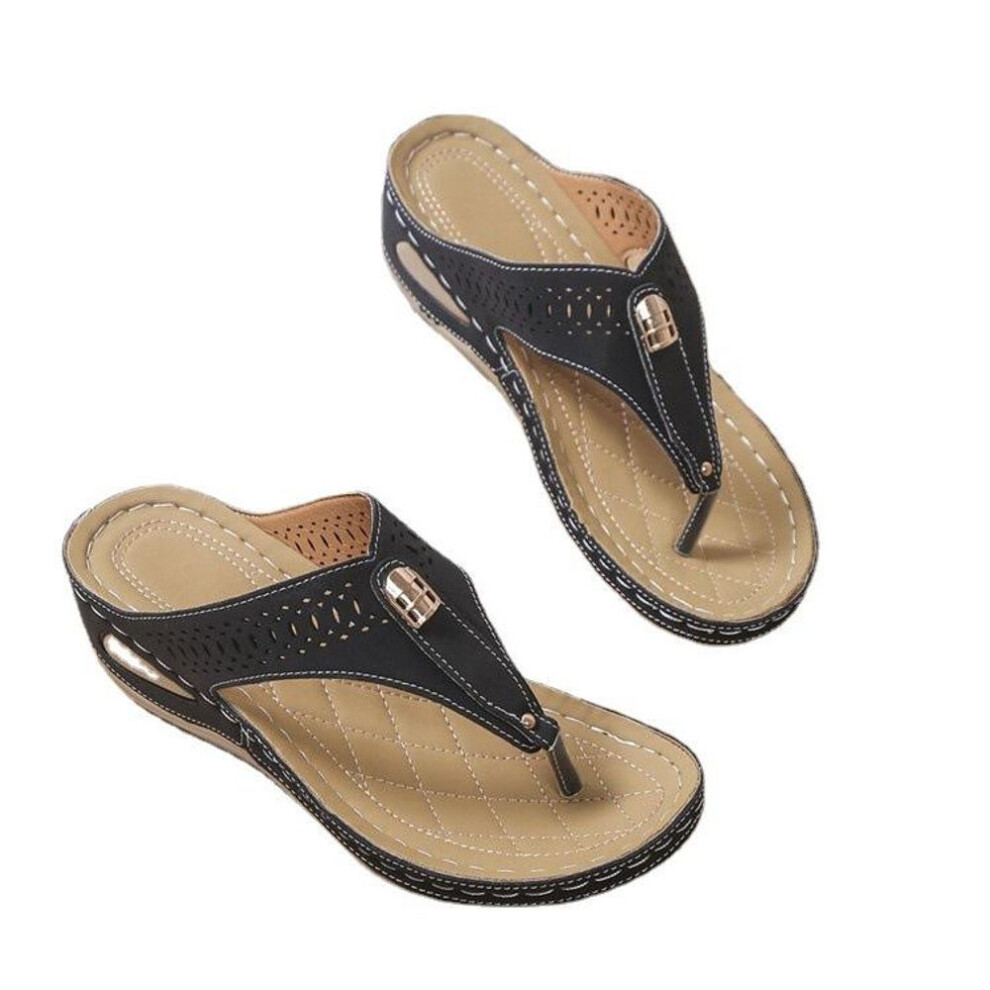 (black, 38) Women&apos;s Wedge Flip Flops, Solid Color Slip On Summer Slide Sandals, Casual Outdoor Beach Slide Shoes