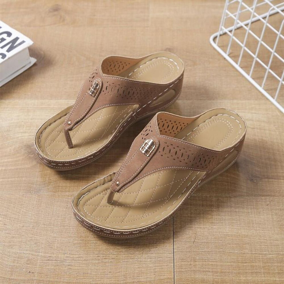 (dark brown, 43) Women&apos;s Wedge Flip Flops, Solid Color Slip On Summer Slide Sandals, Casual Outdoor Beach Slide Shoes