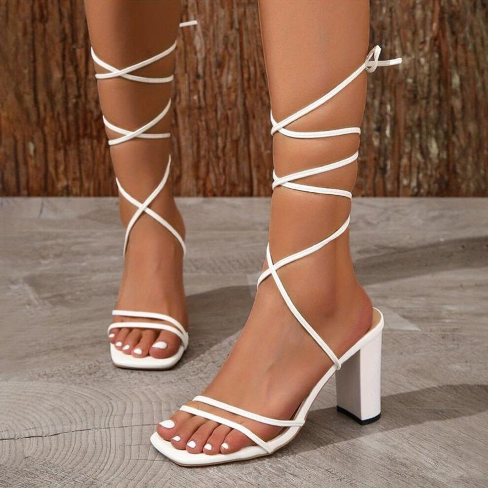 (white, 36) Women&apos;s Solid Color Block Heeled Sandsals, Sexy Square Toe Lace Up Sandals, Fashion Summer Sandals