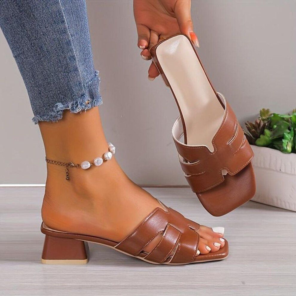 (dark brown, 38) Women&apos;s Solid Color Trendy Sandals, Slip On Comfy Chunky Heel Slides Shoes, Versatile Square Toe Shoes