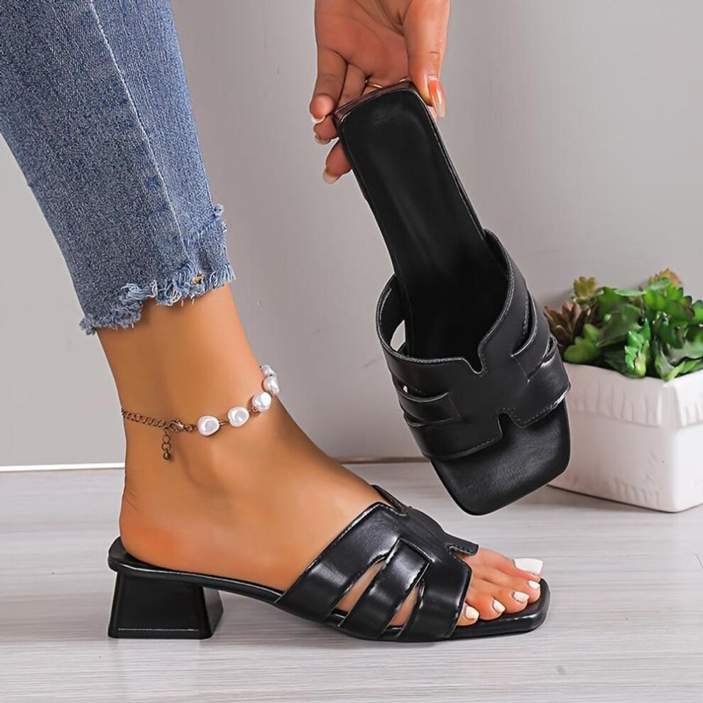 (black, 39) Women&apos;s Solid Color Trendy Sandals, Slip On Comfy Chunky Heel Slides Shoes, Versatile Square Toe Shoes