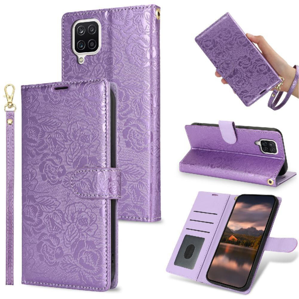 (Purple) Flip Case For Samsung Galaxy A12 Magnetic Closure Wallet Soft Tpu Wrist Lanyard Purple 764549423842