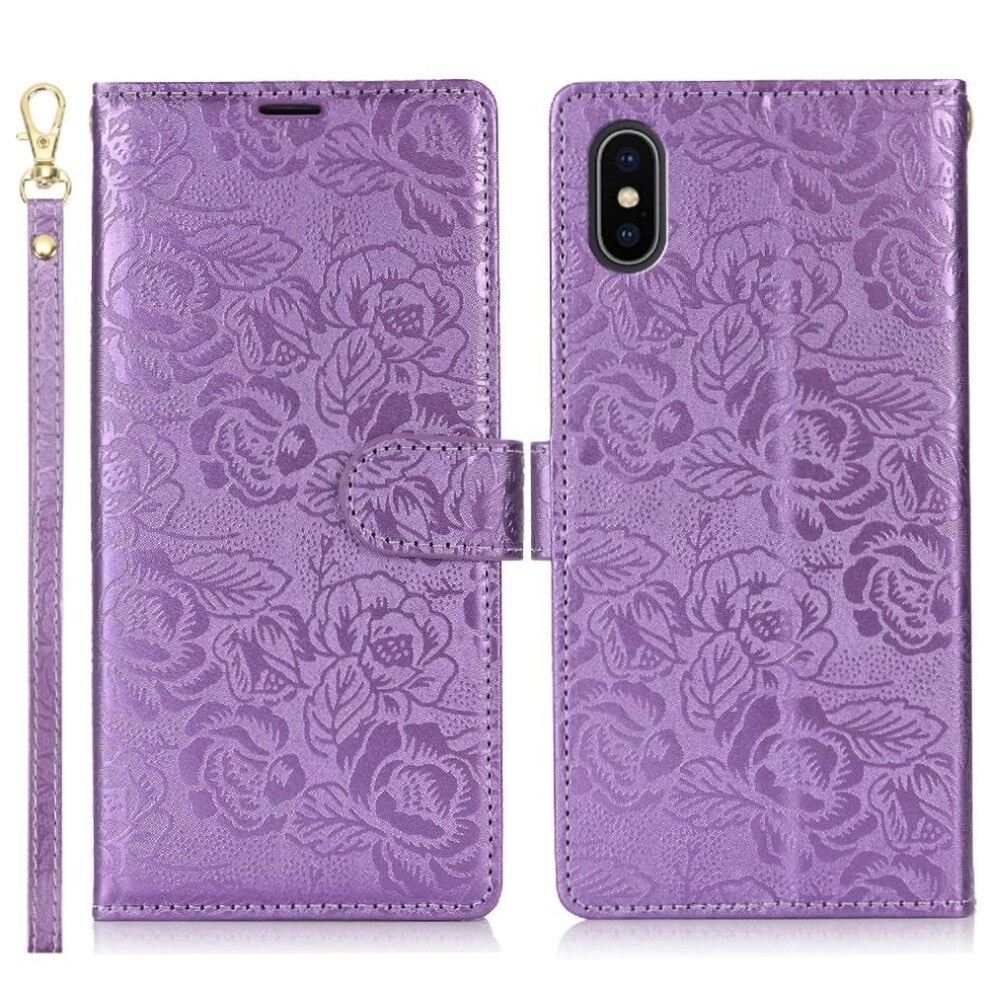 (Purple) Flip Case For Iphone Xs Max Wallet Wrist Lanyard Soft Tpu Magnetic Closure Purple 764549423996