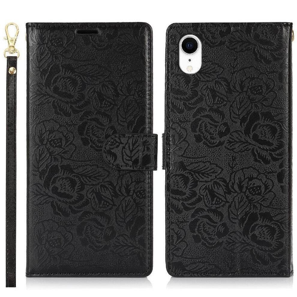 (Black) Flip Case For Iphone Xr Wrist Lanyard Soft Tpu Wallet Magnetic Closure Black 764549424030
