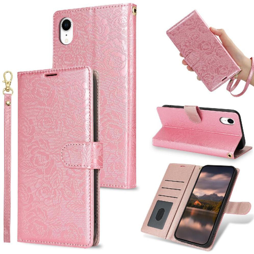 (Pink) Flip Case For Iphone Xr Wrist Lanyard Soft Tpu Wallet Magnetic Closure Pink 764549424054