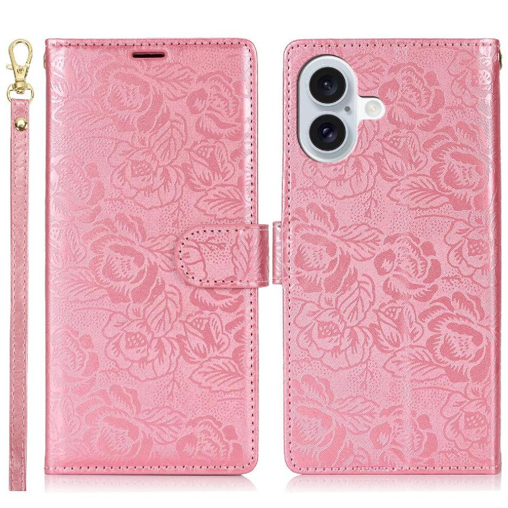 (Pink) Flip Case For Iphone 16 Wrist Lanyard Wallet Magnetic Closure Soft Tpu Pink 764549424306