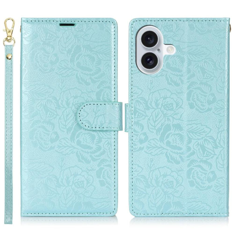 (Blue) Flip Case For Iphone 16 Wrist Lanyard Wallet Magnetic Closure Soft Tpu Blue 764549424313